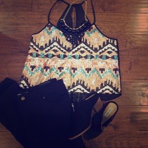 Aztec Sequin & Black Sheer Back Top -L